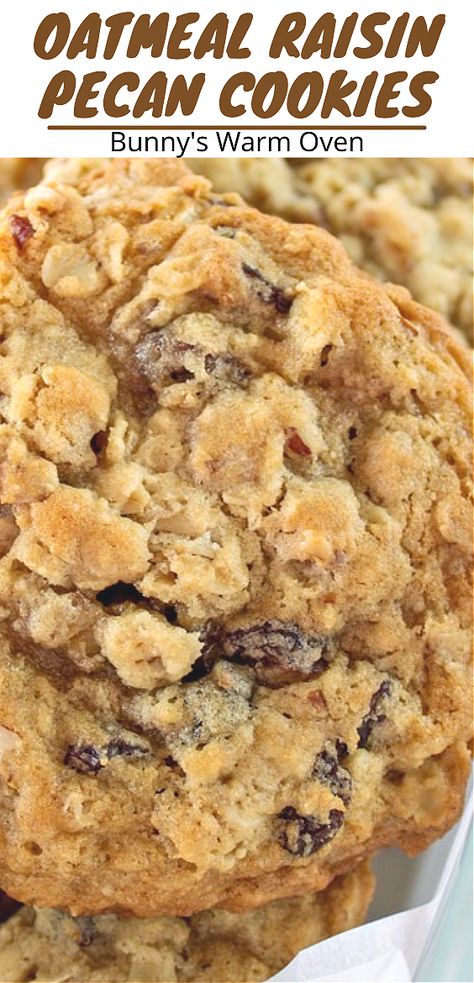 A close up picture of Oatmeal Raisin Pecan Cookies Trendy Cookies, Cookies Oatmeal Raisin, Soft Oatmeal Raisin Cookies, Chewy Oatmeal Cookies Recipe, Chewy Oatmeal Raisin Cookies, Best Oatmeal Raisin Cookies, Cookies Oatmeal, Best Oatmeal Cookies, Cookie Recipes Oatmeal Raisin