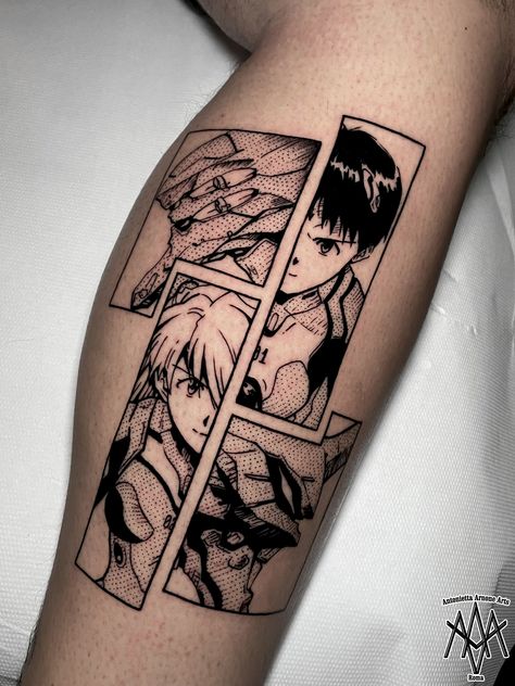 #antoniettaarnonearts #roma #rome #romatattoo #italia #tattooroma #italiatattoo #italy #trastevere #tattoo #tattoos #tatuaggio #tatuaggi #idea #tattooidea #inked #ink #coloredtattoo #evangelion #manga #mangatattoo #tattoomanga #anime #animetattoo #eva #eva01 #labels #label #panel Manga Strip Tattoo, Manga Panel Tattoo Sleeve, Neon Genesis Tattoo, Anime Tattoos Manga Panel, Manga Panels Tattoo, Anime Patchwork Tattoo, Neon Genius Evangelion Tattoo, Evangelion Manga Panels, Anime Panel Tattoo Leg Sleeve