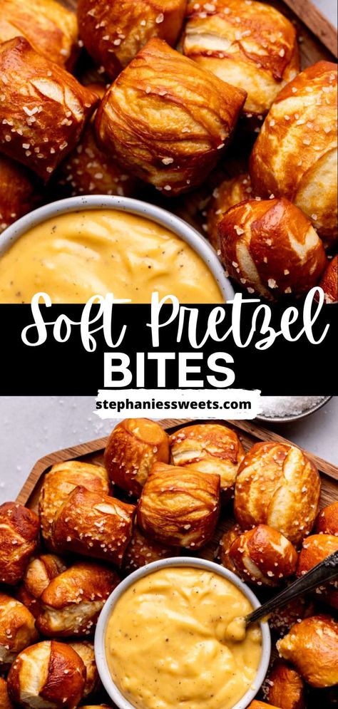 These soft pretzel bites are small pretzel bites. They are homemade and have great flavor. They are also paired with a nacho cheese sauce. They have the perfect pretzel flavor and chewy texture of full homemade pretzels in a convenient bite size. Homemade Pretzel Bites, Nachos Cheese Recipe, Homemade Pretzel, Soft Pretzel Bites, Pretzel Bites Recipes, Pretzel Dough, Warm Desserts, Homemade Pretzels, Homemade Soft Pretzels