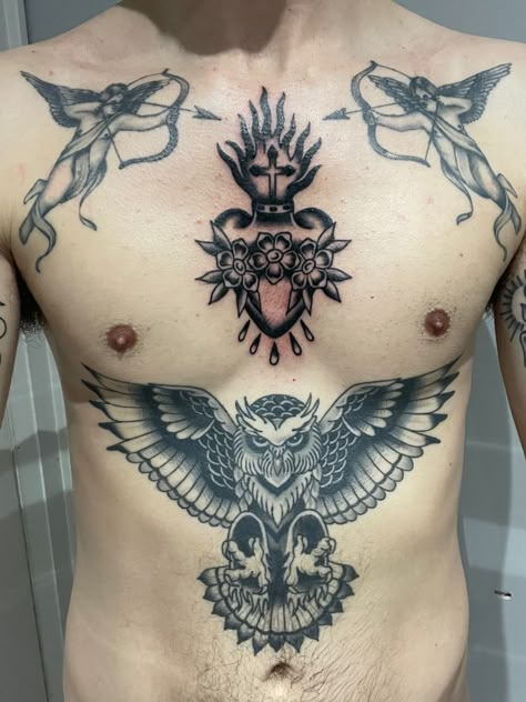 Sacred heart tattoo Traditional Chest Piece Tattoo Men, Tradition Chest Tattoo, Owl Stomach Tattoos Men, Sacred Heart Chest Tattoo Men, American Tradition Chest Tattoo, Traditional Tattoos Chest Piece, Sacred Heart Tattoo On Chest, Elbow Scar Tattoo Cover Up, Traditional Chest Tattoo Men Ideas