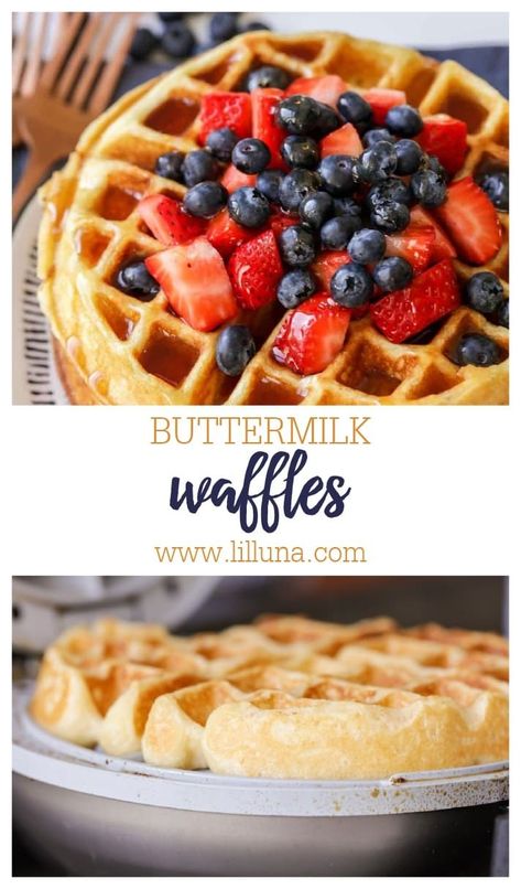 There's nothing better than big, fluffy Buttermilk Waffles first thing in the morning! This will be your new favorite breakfast recipe!! #buttermilkwaffles #waffles #wafflerecipe #breakfast #breakfastrecipe Whole Wheat Buttermilk Waffles, Buttermilk Waffles Belgian, Waffle Recipe No Butter, Buttermilk Waffle Recipe, Buttermilk Waffles Recipe, Belgian Waffles Recipe, Buttermilk Pancake Mix, Belgium Waffles, Banana Waffles