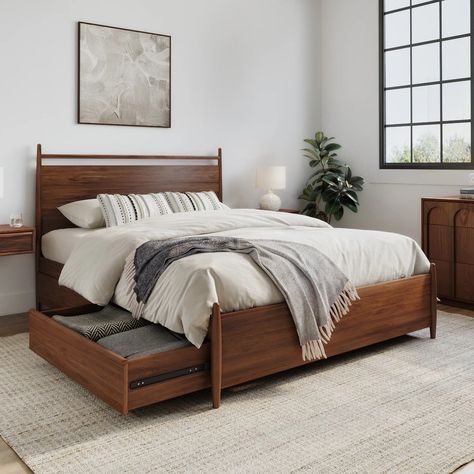 Lenia Panel Walnut Queen Storage Bed | Article Queen Storage Bed, Walnut Bedroom, Mid Century Bed, Home Garden Ideas, Mid Century Modern Bed, Walnut Bed, Modern Beds, Article Furniture, King Storage Bed