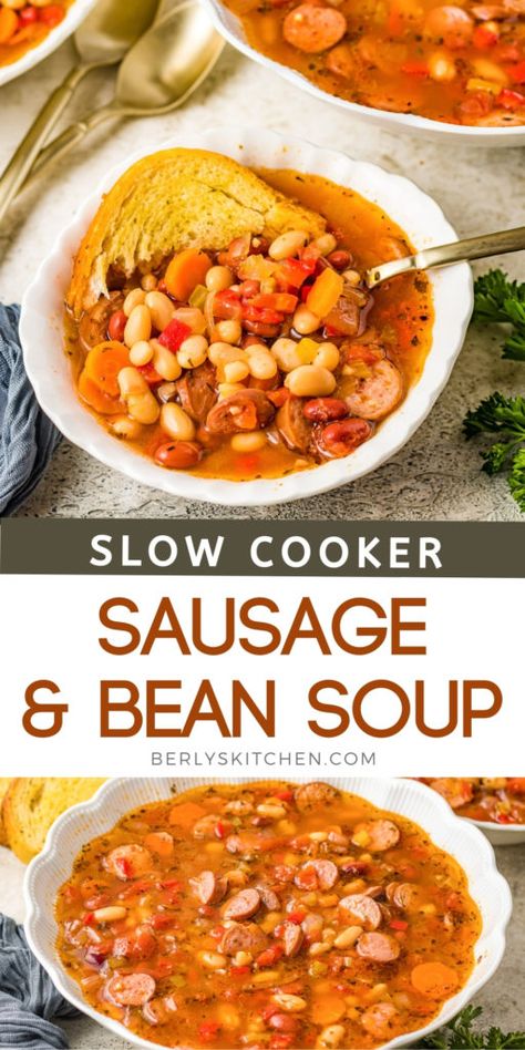 Slow Cooker Sausage And Bean Soup | Berly's Kitchen Sausage And Bean Soup, Bean Soup Crockpot, Sausage Slow Cooker, Bean And Sausage Soup, Slow Cooker Sausage, Slow Cooker Pasta Recipes, Sausage Crockpot, Slow Cooker Beans, 15 Bean Soup