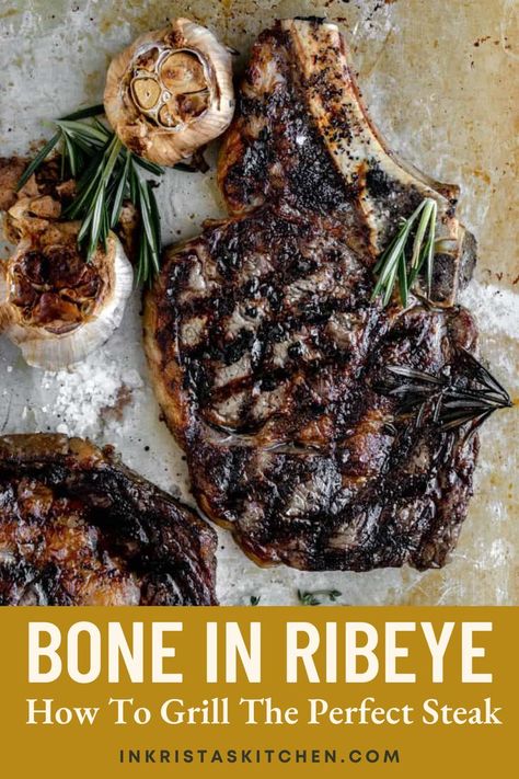 Indulge in the juiciest and most delicious Bone in Ribeye served with a roasted head of garlic with this ultimate steak recipe! This easy Ribeye Steak recipe offers a combination of flavor and tenderness. Find out how to grill the ribeye, roast the head of garlic, and other tips. Whether you prefer to grill or use a grilling pan you can have the perfect steak in the comfort of your own home. Don't miss out on the best recipe for a bone-in ribeye - you can find the full recipe on the blog! Bone In Ribeye Steak Grill, How To Cook Bone In Ribeye Steak, Rib Steak Recipe, Bone In Ribeye Steak, Bone In Ribeye Roast, Steak On Gas Grill, Beef Rib Steak, Ribeye Steak Recipe, Steak On Stove