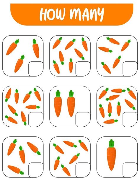 Count how many carrots. Write down the answer. Educational games for kids. Carrot Worksheet, Math Montessori, Diy Sensory Toys, Montessori Science, Creative Book Covers, Preschool Art Projects, Cooking Classes For Kids, English Activities For Kids, 2nd Grade Math Worksheets