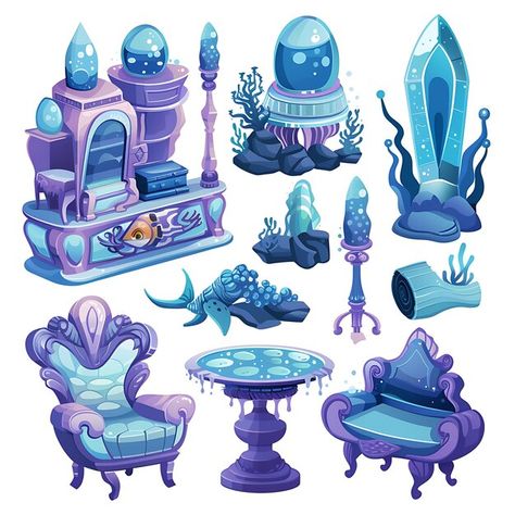 Magical Underwater Kingdom Furniture Set Featuring Shimmerin Illustration Furniture Game Assets | Premium AI-generated image Mermaid Furniture, Props Illustration, Children Book Illustration Watercolor, Mermaid Kingdom, Furniture Clipart, Underwater Kingdom, Magical Underwater, Mermaid Bedroom, Children Book Illustration