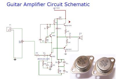 guitar power amplifier circuit, using a single-rail power supply of about 60V and capacitor-coupling to the speaker (s). Diy Guitar Amp, Mini Amplifier, Schematic Diagram, Diy Amplifier, Power Supply Circuit, Guitar Diy, Simple Circuit, Hobby Electronics, Electric Guitar Design