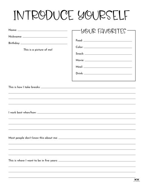 All About Me Printable Worksheets - 50 FREE Printables | Printabulls Free All About Me Printable High School, All About Me Worksheet For Adults, Get To Know Me Free Printable, All Abt Me Sheets, Introducing Myself Template, Get To Know You Template, Free Printable All About Me Worksheets, Get To Know Me Questions Template, All About Me Free Printables