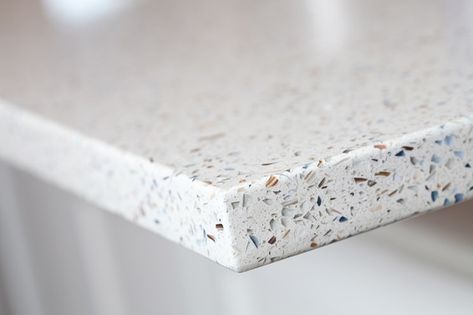 Ocean shell GEOS recycled glass countertop Terrazzo Kitchen Countertops, Terrazzo Ideas, Command Room, Eco Office, Terrazzo Kitchen, Cozy Kitchens, Compost Container, Recycled Glass Countertops, Wonderland Garden