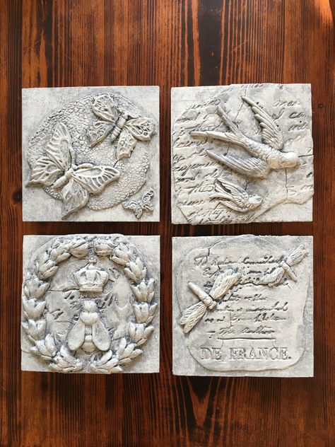 Tiles made using IOD moulds,stamps and air dry clay Iod Projects, Iod Moulds, Orchard Design, Orchid Design, Decoration Shabby, Furniture Appliques, Paper Pulp, Air Dry Clay Projects, Iron Orchid Designs