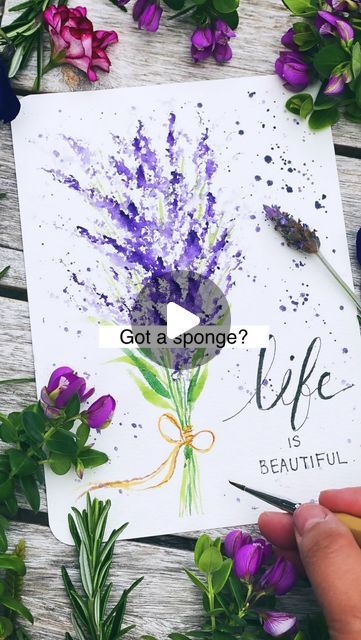 Mary Wu | Aspiring Watercolor & Flower Preservationist on Instagram: "If you can tap with a sponge… you can paint this!

💜 full length video with directions for subscribers💜

Relax! Life is beautiful! — David L. Wolper

Easy lavender inspired flowers using a sponge… I used a natural sponge but any sponge would work… play around with your sponge and see which angle is best 🤗

Materials used:
Size 1 detail brush @goldenmapleart 
Watercolor paper @strathmoreart 
Watercolor paints @artezaofficial 
Black pen and brush @pentalicart 

2 Corinthians 4:16
Therefore we do not lose heart. Though outwardly we are wasting away, yet inwardly we are being renewed day by day." Mary Wu, Q Tip Art, Watercolour Cards, Natural Sponge, Watercolor Birthday Cards, Sponge Painting, Watercolor Birthday, Colors Art, Wreck This Journal