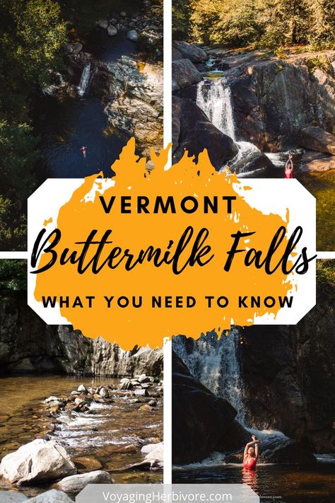 woman swimming in Buttermilk Falls in Ludlow Vermont. Text reads 'Vermont, Buttermilk Falls, What you Need to know" Vermont Itinerary Fall, Ludlow Vermont, Hiking In Vermont, Vermont Fall Foliage Road Trips, Must See Places In Vermont, Fall Foliage Vermont, United States Road Trip, Buttermilk Falls, Usa Travel Map