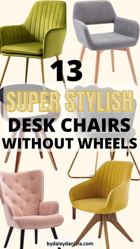 Looking for the perfect desk chair, but don't want the wheels? Here are 13 super stylish desk chairs without wheels, you're going to love. Swivel Office Chair No Wheels, Non Rolling Desk Chair, Home Office Chair No Wheels, Comfortable Desk Chair No Wheels, Desk Chair For Small Space, Modern Office Chair No Wheels, Upholstered Desk Chair No Wheels, Small Desk Chairs For Bedroom, Comfy Desk Chairs For Bedroom No Wheels