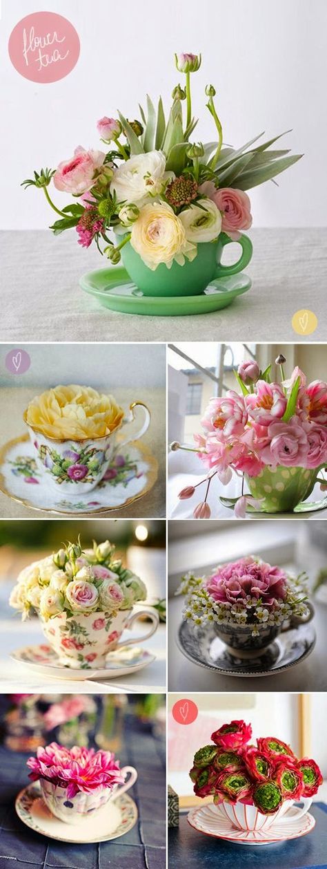 fleaChic: flea market savvy: April 2015 - these teacups make such pretty little vases Flowers In Teacups, Tafel Decor, Tea Pots Vintage, Deco Floral, Cups And Saucers, Centre Pieces, Decoration Table, Wedding Shower, Flower Shop