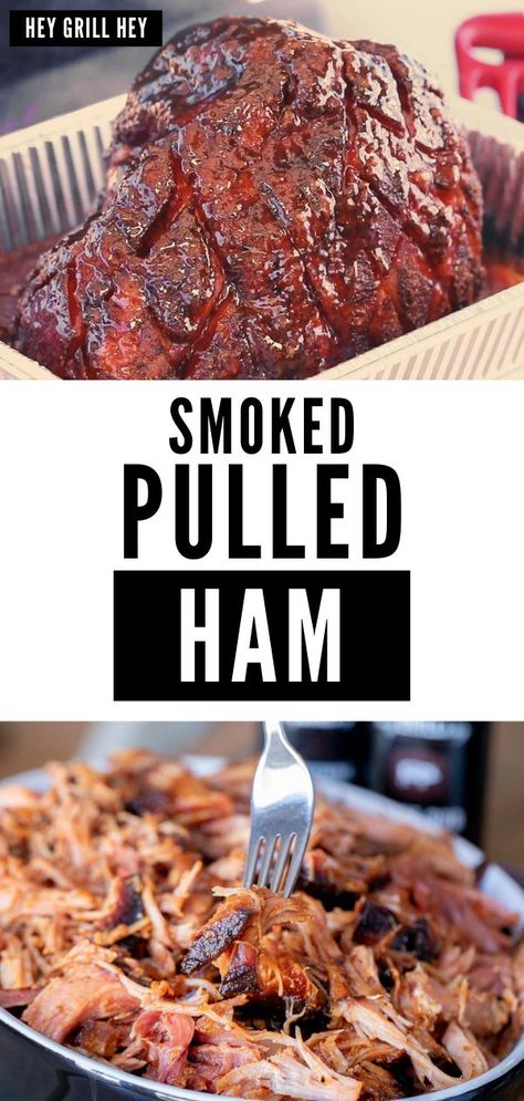 This Smoked Pulled Ham is ham is slow smoked and glazed with a tasty apricot jam/BBQ sauce combo for the most amazing bit of pork deliciousness you’ll ever have. Meat Bbq Recipes, Sunday Smoker Ideas, Pulled Smoked Ham Recipes, Trager Smoked Ham Recipes, Smoked Shank Ham Recipes, Smoked Pulled Ham With Peach Glaze, Meat On The Smoker, Smoked Meals For A Crowd, Smoked Ham On Traeger