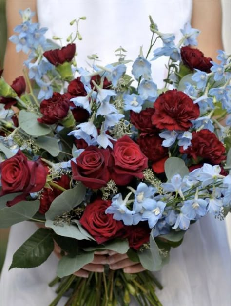 Blue Red Bouquet, Red And Blue Bouquet Wedding, Wedding Red And Blue, Red And Blue Bridal Bouquet, Blue And Red Wedding Flowers, Red Blue Wedding Theme, Red Carnations Bouquet, Light Blue And Red Wedding, Red Blue Bouquet