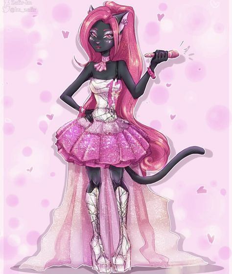 Catty Noir Cosplay, Catty Noir Fanart, Pink Outfits Drawing, Monster High Kitty Noir, Kitty Noir Monster High, Monster High Catty Noir And Pharaoh, Draculaura Haunt Couture Fanart, Monster High Werecat Oc, Ever After High Fanart Kitty