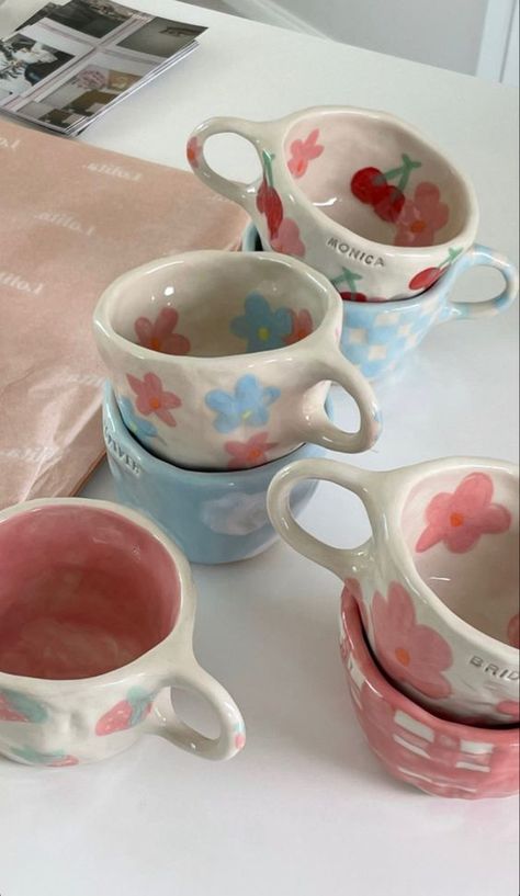 cute mugs || aesthetic design || chich || coffee cups || clay || ceramic || mug set || amazon sale || clean girl || kitchen must have || tea 🍵 Diy Keramik, Diy Pottery Painting, Flower Orange, Pretty Mugs, Flower Mug, Tanah Liat, Tea Milk, Keramik Design, Clay Mugs