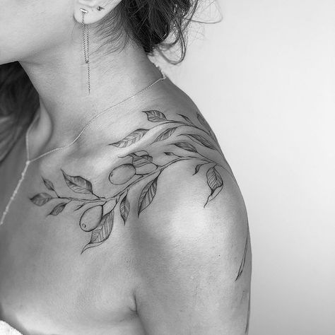 Olive Branch Tattoo Sleeve, Shoulder Branch Tattoo, Eucalyptus Shoulder Tattoo, Olive Branch Tattoo Shoulder Wrap, Olive Branch Tattoo Shoulder, Branch Shoulder Tattoo, Branch Tattoo Shoulder, Branch Tattoos For Women, Leaves Shoulder Tattoo