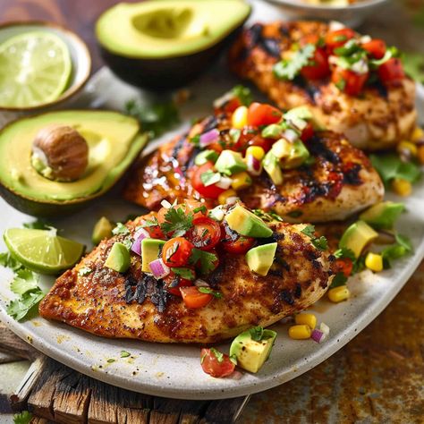 Fiesta Lime Chicken With Avocado Salsa, Chicken With Avocado Salsa, Chicken Fiesta, Fiesta Lime Chicken, Chicken With Avocado, Carb Free Recipes, Salsa Ingredients, Chicken Thigh Recipes Oven, Chicken Entrees