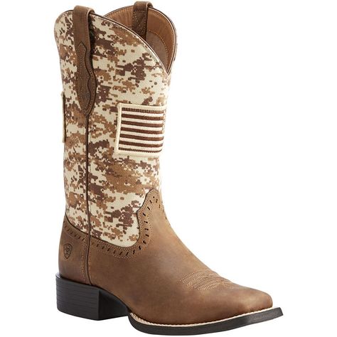 Show the Patriot in you in these  10023368 Ariat Women's Round Up Patriot Western Boots.  These boots feature an American flag and camo pattern in supple suede and leather, plus innovative comfort technology for all-day wearability.   11" Full Grain Leather Foot with Printed Camo Upper Option Synthetic Lining American Flag Overlay Detailing Ariat 4LR™ Technology for Support and Cushioning Duratread™ Outsole Provides Maximum Wear Resistance and Flexibility  10023368 Ariat Women's Roun Cowgirl Boots Square Toe, Ariat Cowgirl Boots, Ariat Boots, Estilo Country, Country Boots, Leather Western Boots, Western Boots Women, Square Toe Boots, Justin Boots