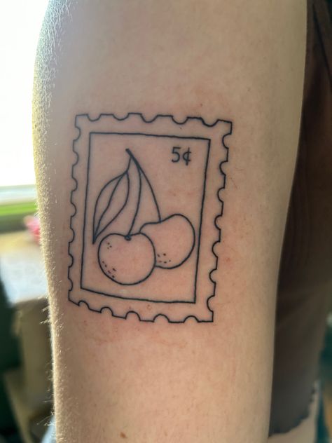 Cherry Postage Stamp Tattoo, Stamp Tattoo Cherry, Cherry Stamp Tattoo, Tattoo Trio, 777 Tattoo, Cherry Tattoo, Stamp Tattoo, Cherry Tattoos, Blue Tattoo