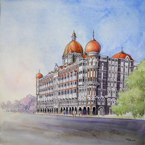 Mumbai City Of Dreams, Hotel Painting, Watercolour Landscape Painting, Dry Pastels, Painting Indian, India Painting, Mumbai City, Pen And Wash, Watercolour Landscape