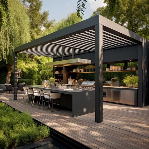 5+ Covered Outdoor Kitchen Ideas for Year-Round Entertaining • 333+ Images • [ArtFacade] Pergola For Outdoor Kitchen, Pergola With Kitchen, Yard Kitchen, Build Outdoor Kitchen Modern, Covered Deck With Outdoor Kitchen, Outdoor Kitchen Industrial, Outdoor Kitchen Contemporary, Outdoor Kitchen Roofing Ideas, Deck Outdoor Kitchen