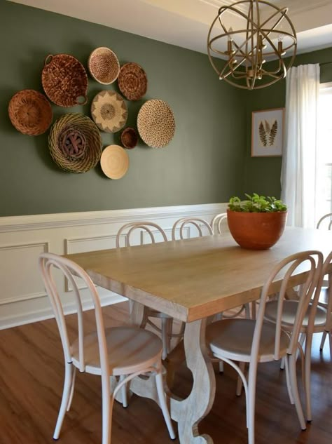 Eclectic Green Dining Room | HGTV Dining Room With Green Accent Wall, Avocado Green Dining Room, Green Rustic Dining Room, Wall Paint Green Shades, Green Dining Room With Chair Rail, Boho Green Dining Room, Green Grey Dining Room, Sage Green Dining Room Decor, Kitchen/dinning Room Paint Colors