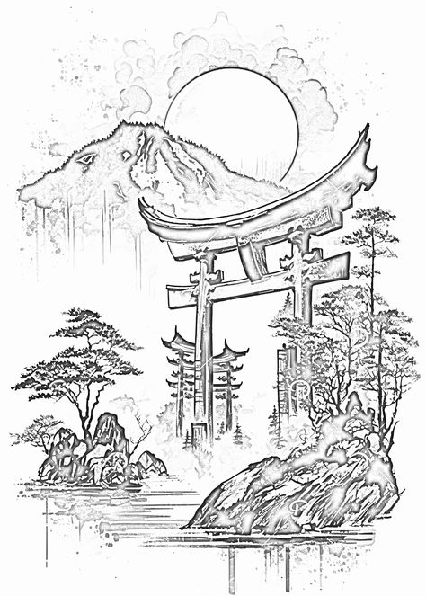 Torri Gate Tattoo, Chinese Building Drawing, Torii Gate Drawing, Tori Gate Tattoo, Torii Gate Tattoo, Japanese Lantern Tattoo, Japanese Architecture Drawings, Anime Sleeve, Tori Gate