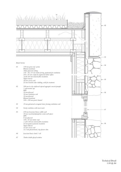 Technical Architecture, Green Roof System, Scottish House, Building Foundation, Timber Roof, Window Detail, Stone Facade, Architectural Floor Plans, Timber Structure