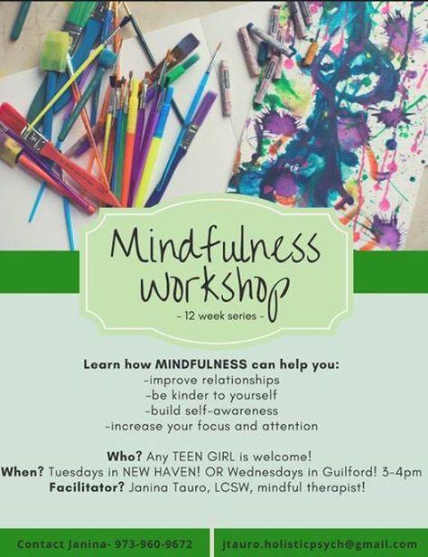 Mental Health Event Ideas, Mindfulness Workshop, Art Class Posters, Mindfulness Art, Class Poster, Development Plan, School Social Work, Womens Retreat