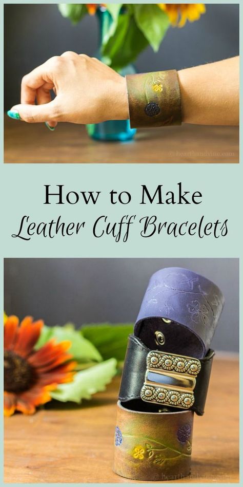 DIY leather bracelets is a fun tutorial that shows you how to make stylish leather cuffs from old belts and pieces of leather, paints and a dremel tool. Leather Cuff Bracelet Diy, Bracelet En Cuir Diy, Cuff Bracelets Diy, Leather Bracelet Tutorial, Leather Cuff Bracelets, Diy En Cuir, Leather Tutorial, How To Make Leather, Leather Jewelry Making