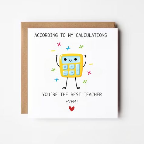 Say 'thank you' to your favourite Maths teacher with our card! Featuring a cute calculator design, it's the perfect way to make them laugh. This fully customisable card is printed on soft touch 350gsm matt cardstock and comes with a brown kraft envelop. Packaged in a clear cellophane and dispatched in a rigid mailer. *CARD SIZE*: measures 148x148mm (approx 6x6"). *PERSONALISATION*: This card can be personalised with your own choice of name on the front and an optional inside message. Just select Teachers Day Card For Professor, Cute Teacher's Day Card, Funny Birthday Cards For Teachers, Teachers Day Card For Economics Teacher, Teachers Day For Maths Teacher, Thank You Maths Teacher Card, Card For Favourite Teacher, Computer Teacher Card, Greeting Card For Maths Teacher