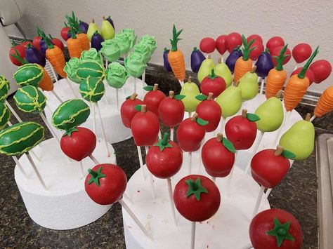 Garden Cake Pops, Vegetable Cake Pops, Fruit Themed Cake Pops, Farmers Market Cake Pops, Fruit Cake Pops, Fancy Cake Pops, Tomato Cake, Farm Baby Shower Theme, Veggie Cakes