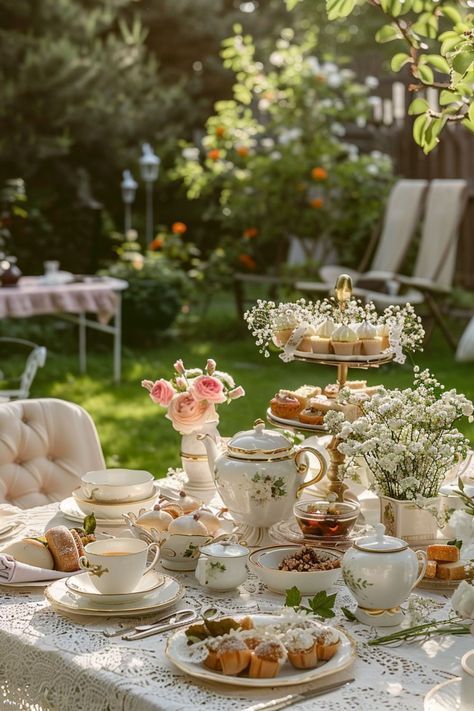 Tee Party Birthday, English Tea Garden Party, Simple Garden Birthday Decor, Graduation Party Garden, Tea Party Ideas Adults, French Decor Party, High Tea Picnic Garden Parties, Birthday Afternoon Tea Party Ideas, French Style Tea Party