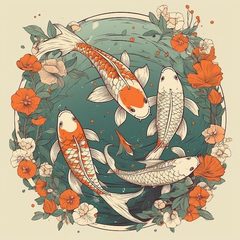 Koi Fish Poster Aesthetic, Chinese Fish Illustration, Japanese Pond Drawing, Art Nouveau Koi Fish, Koi Fish Color Palette, Anime Koi Fish Aesthetic, Chinese Fish Drawing, Koi Fish Pfp, Fish Swimming Drawing