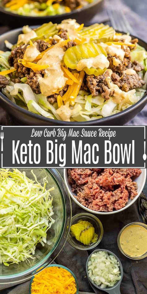 This Keto Big Mac Bowl is an easy keto lunch or dinner recipe made with ground beef, special sauce, cheese, pickles, and cabbage. You can make it a low carb salad by using lettuce instead! Make a low carb burger bowl for dinner this week and enjoy all of the flavor of a Big Mac without all of the carbs! Feel free to use lettuce instead of cabbage for a delicious big mac salad! Big Mac Bowl, Keto Big Mac, Homemade Big Mac Sauce, Easy Keto Lunch, Mac Sauce Recipe, Burger Bowl, Cheese Pickles, Big Mac Salad, Low Carb Burger