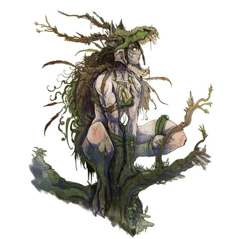 Forest Spirit Concept Art, Half Dryad Dnd, Half Plant Half Human Art, D&d Dryad, Forest Fae Character Design, Wild Shape Druid, Antler Tiefling, Mother Nature Character Design, Spore Druid Dnd