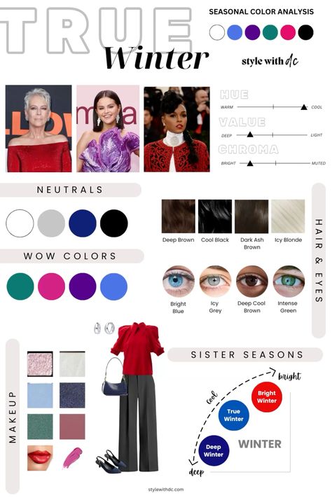 The True Winter palette focuses on cool, deep, and clear colors—jewel tones, icy pastels, and pure white. Learn how to style bold contrasts and avoid shades that dull your natural features.

#TrueWinter #ColorAnalysis #CoolTones #BoldColors #WinterStyle #SeasonalColorPalette #JewelTones Winter Color Season, True Winter Makeup, True Winter Palette, Color Analysis Winter, True Winter Color Palette, Winter Palette, Dark Ash, Winter Color Palette, True Winter