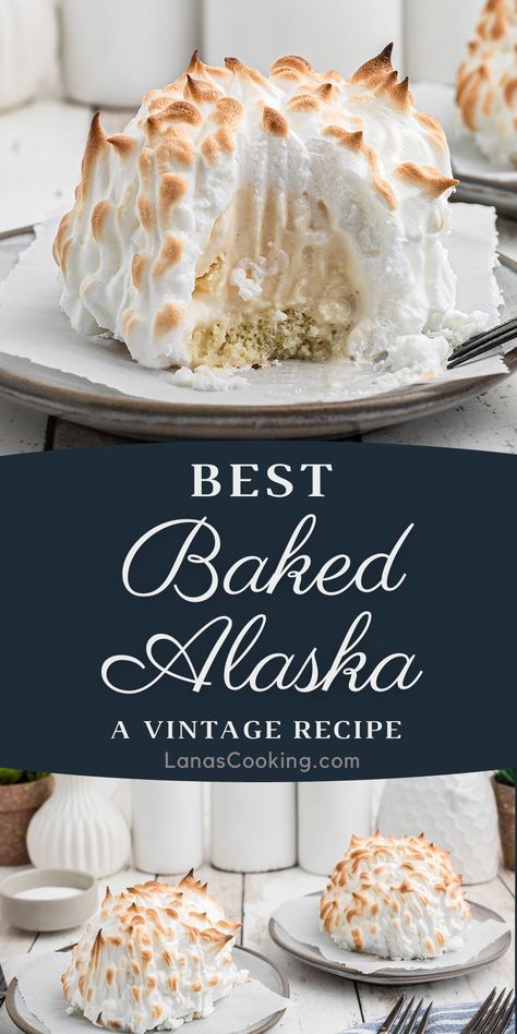 Baked Alaska Plated Dessert, Easy Baked Alaska, Christmas Baked Alaska, Alaska Food Recipes, Unusual Recipes Dinners, Frozen Ice Cream Desserts, Baked Alaska Cake, Bake Alaska Cake, Alaskan Desserts