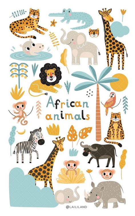 Jungle Jive: Illustrated Animal Stickers Safari Wall Decor, Cute Jungle Animals, Creative Clips Clipart, Nursery Decor Prints, Jungle Wall Art, Safari Animals Nursery, Wildlife Decor, Animal Nursery Decor, African Animals