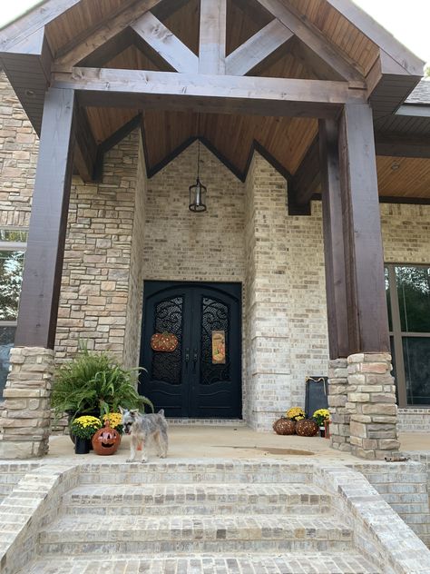 Cedar Columns Front Porch Brick House, Brick And Wood Porch Columns, Cedar Posts Front Porch Brick House, Stone Posts On Porch, Outdoor Columns Porch Posts, Stone Wrapped Porch Columns, Brick Homes With Porches, Stained Cedar Posts Front Porches, Brick Columns Porch