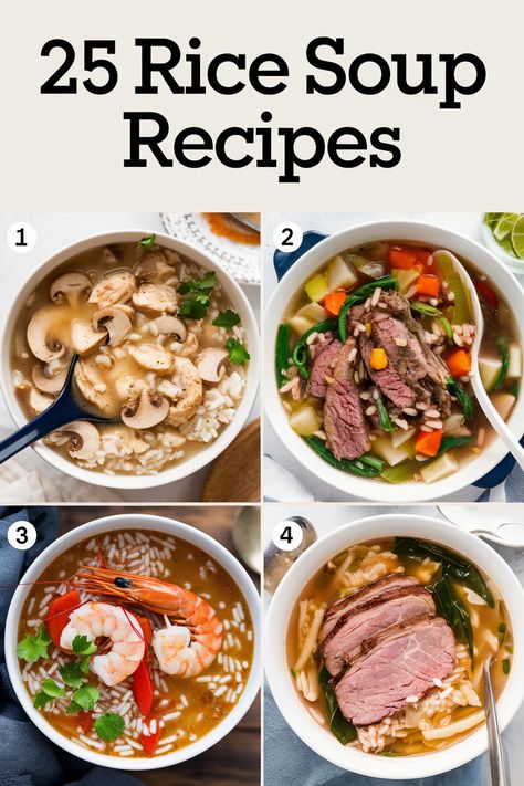 Indulge in the warmth and comfort of rice soup. This collection features 25 delicious rice soup recipes, from creamy congee variations with savory toppings to classic chicken and rice soups loaded with vegetables. Explore easy rice soup ideas perfect for using leftover rice, healing ginger rice porridge for cold days, hearty mushroom and wild rice soups packed with flavor, and simple tomato and rice soups for quick comfort. Discover the world of Asian-inspired rice soups with aromatic broths. Ham And Rice Soup Recipes, Ground Beef And Rice Soup, Soup With Rice Recipes, Beef And Rice Soup, Tomato And Rice, Ham And Rice, Using Leftover Rice, Tomato Rice Soup, Rice Soups