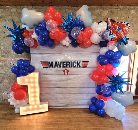 First birthday top gun birthday backdrop Top One Birthday Party Theme, Jet First Birthday, Top One Birthday Party, Topgun Maverick Birthday, Aviator First Birthday Party, Top One Maverick Birthday, Airplane Party Theme, Toddler Birthday Themes, Airplane Birthday Party Decorations