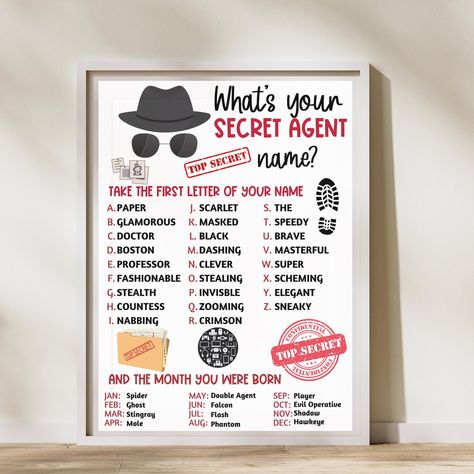 Ignite excitement with "Secret Agent Badges," essential for every aspiring spy. Create your undercover identity with the "Secret Agent Name Generator." Perfect for a thrilling "Spy Birthday Party," this kit includes a "Detective Party Game" to challenge guests. Add mystery to your Secret Agent Escape Room Game, designed for interactive fun. Transform your space with this Spy Party Decor sign to immerse everyone in a world of espionage and intrigue.  ✏️ WHAT YOU WILL RECEIVE --------------------- Detective Party Games, Secret Agent Decorations, Spy Poster Design, Kids Spy Party, Spy Party Ideas, Detective Party Decorations, Spy Party Decorations, Detective Theme Party, Mystery Decorations