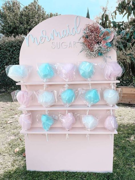 It's a Shell-abration! | CatchMyParty.com Cotton Candy Wall, Mermaid Birthday Party Ideas, Candy Wall, Cotton Candy Party, Mermaid Birthday Party Decorations, Mermaid Theme Birthday Party, Decoration Evenementielle, Candy Birthday Party, Candy Theme