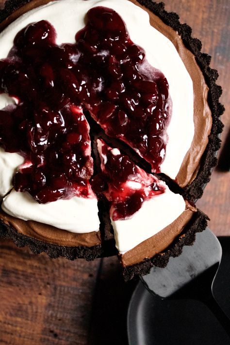 Black Forest Chocolate Mousse Tart — Poetry & Pies Chocolate Cherry Mousse, Cherry Chocolate Desserts, Chocolate Tart Crust, Chocolate Cherry Tart, Chocolate Mousse Tart, Chocolate Cherry Pie, Mousse Tart, Chocolate Mousse Desserts, Chocolate Cookie Crust