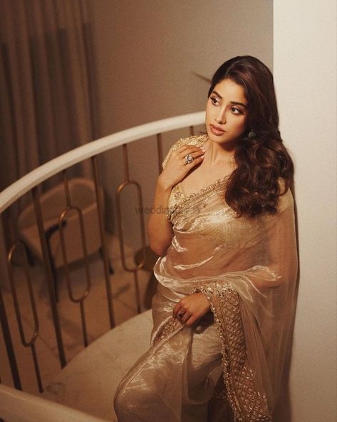 Janhvi Kapoor's Best Looks That All Brides Can Take Inspiration From For Their Pre-Wedding Functions! | WeddingBazaar Janvi Kapoor, Shimmer Blouse, Western Gown, Golden Saree, Movie Edits, Janhvi Kapoor, Tissue Saree, Embellished Blouse, Bridesmaid Style