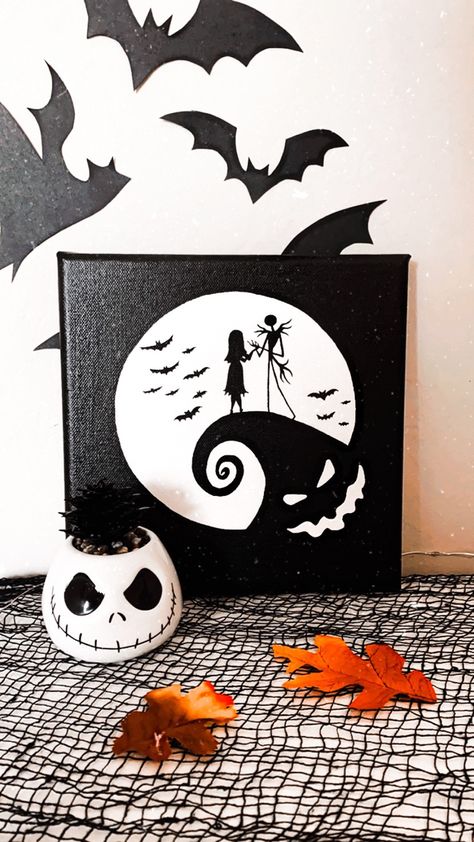 Spooky Couples Painting, Halloween Couple Paintings, Nightmare Before Christmas Painting Easy Canvas, Nightmare Before Christmas Art Paintings, Easy Nightmare Before Christmas Painting, Night Mare Before Christmas Paintings, Halloween Paintings On Canvas Ideas, Nightmare Before Christmas Canvas Painting, Nightmare Before Christmas Painting Easy